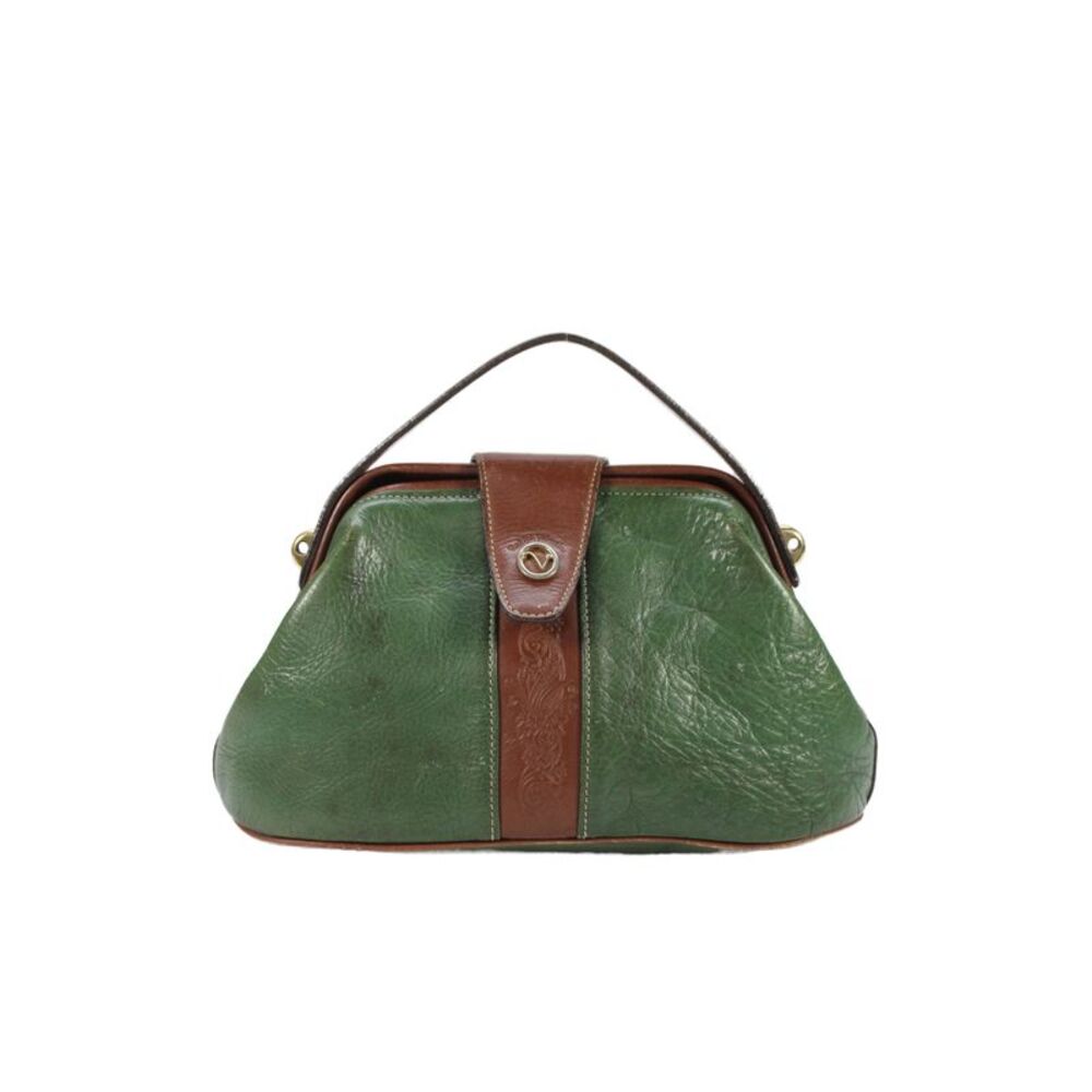 Rudolph Valentino Womens Vintage Leather Top Handle Small Handbag Green Brown